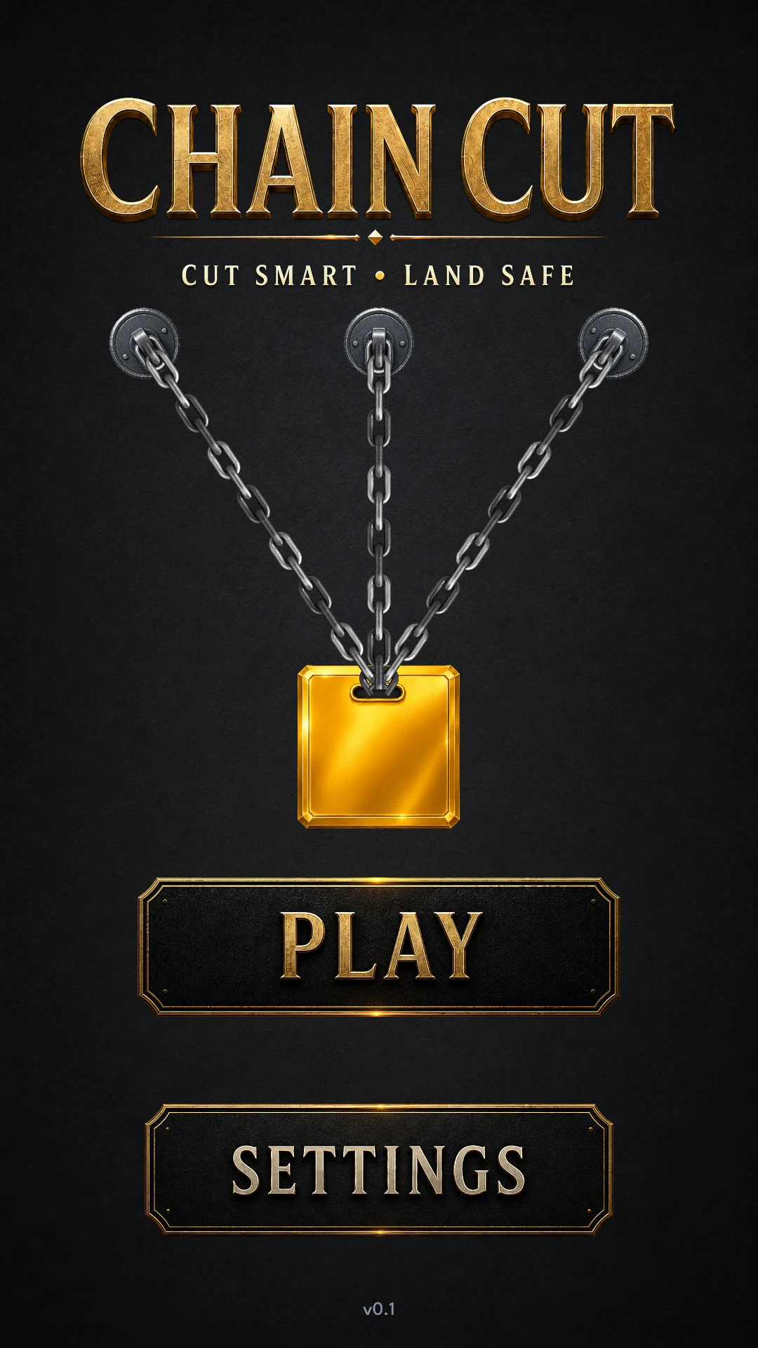 Chain Cut ana menüsü: zincirlerle asılı altın sandık, Play ve Settings düğmeleri